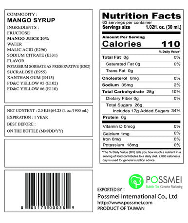Possmei Flavored Syrup, Mango, 5.5 Pound