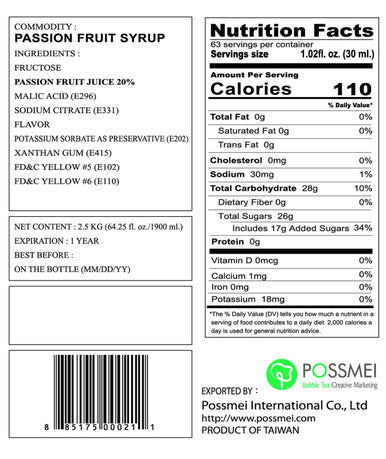 Possmei Flavored Syrup, Passion Fruit, 5.5 Pound