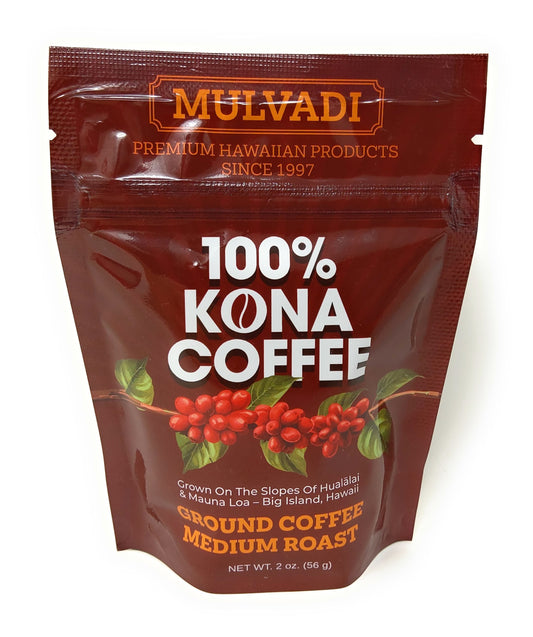 Mulvadi 100% Kona Coffee Ground Medium Roast 2 oz Single Origin Hawaii USA