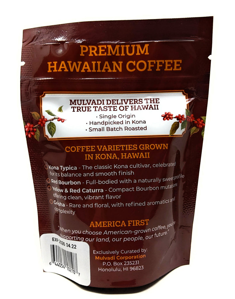 Mulvadi 100% Kona Coffee Ground Medium Roast 2 oz Single Origin Hawaii USA