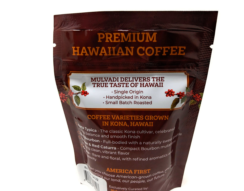 Mulvadi 100% Kona Coffee Ground Medium Roast 2 oz Single Origin Hawaii USA