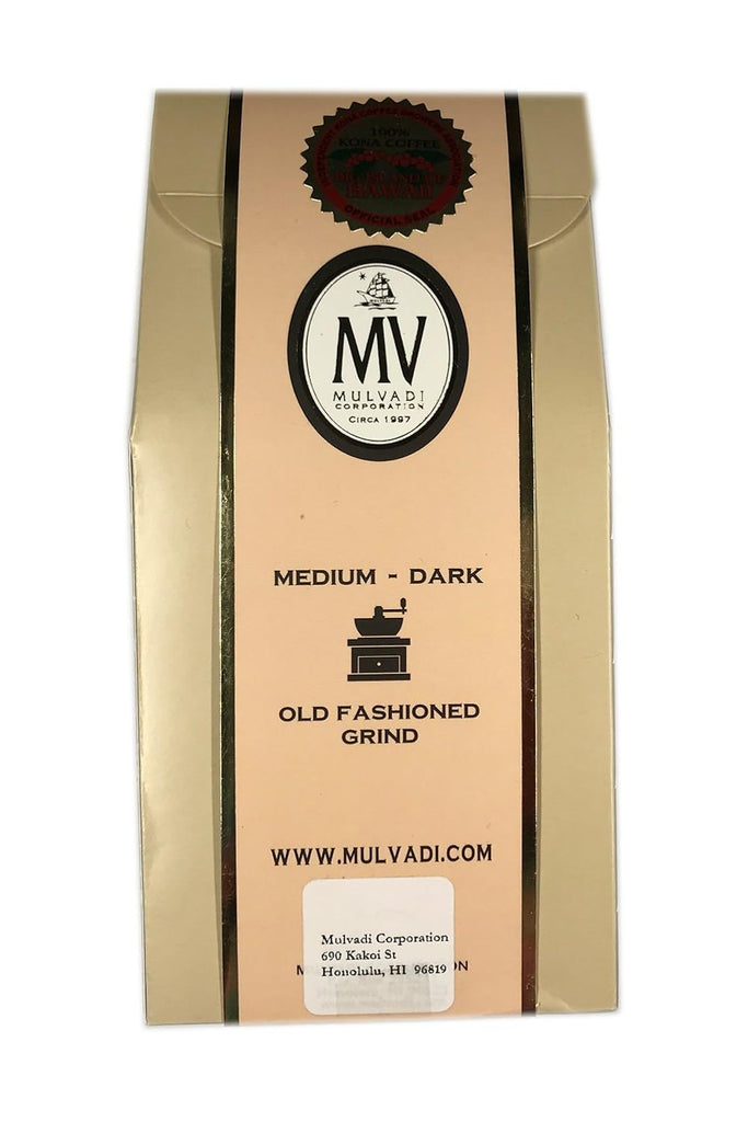 Mulvadi 100% Kona Coffee Old Fashioned Grind, Medium-Dark Roast 7 oz. Decorative Box