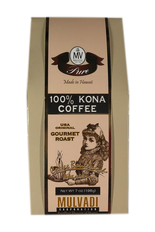 Mulvadi 100% Kona Coffee Old Fashioned Grind, Medium-Dark Roast 7 oz. Decorative Box