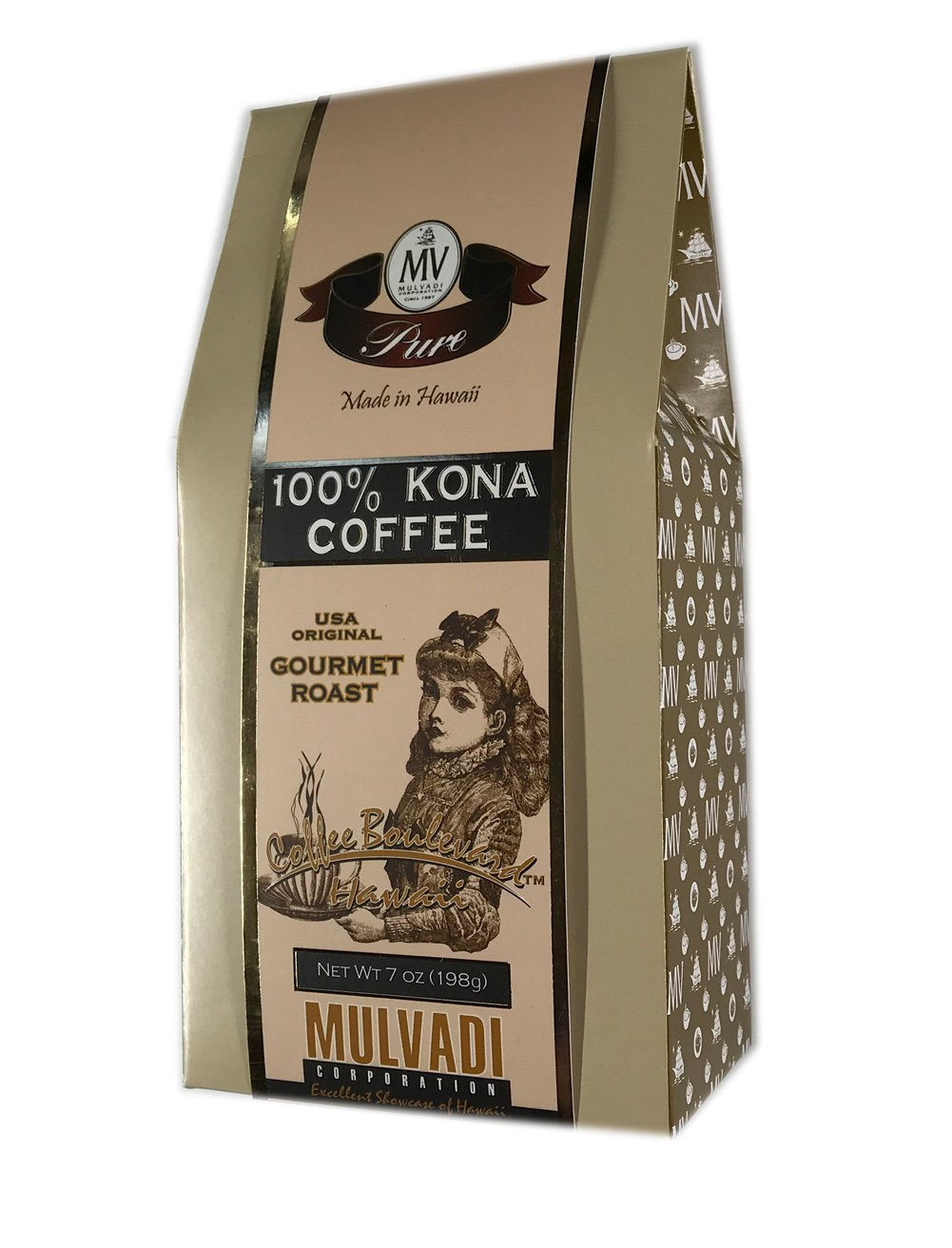 Mulvadi 100% Kona Coffee Old Fashioned Grind, Medium-Dark Roast 7 oz. Decorative Box