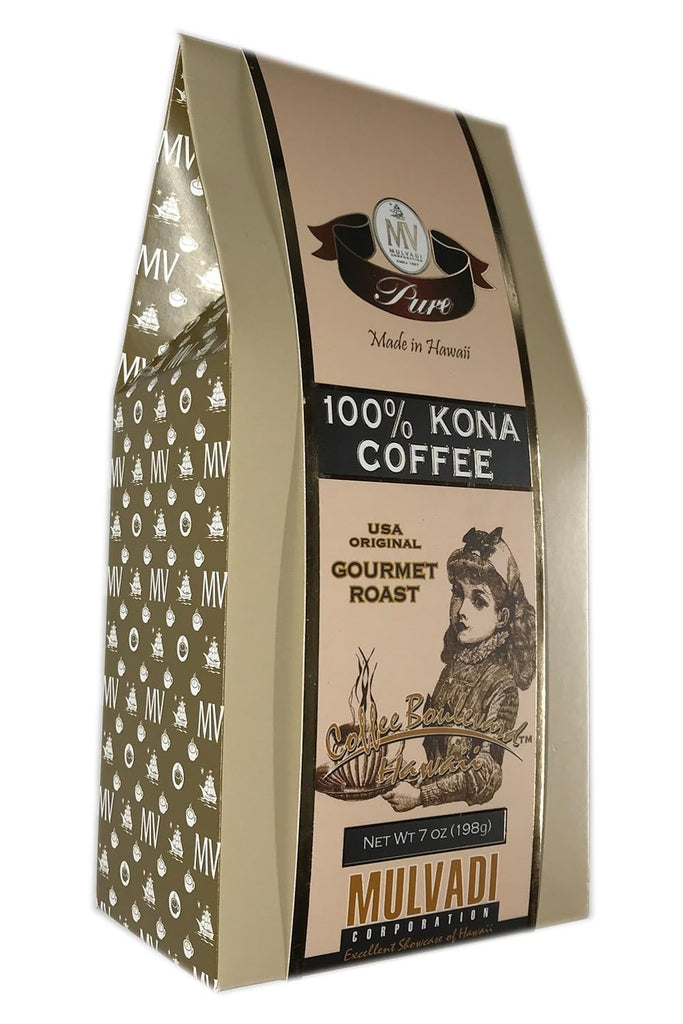 Mulvadi 100% Kona Coffee Old Fashioned Grind, Medium-Dark Roast 7 oz. Decorative Box