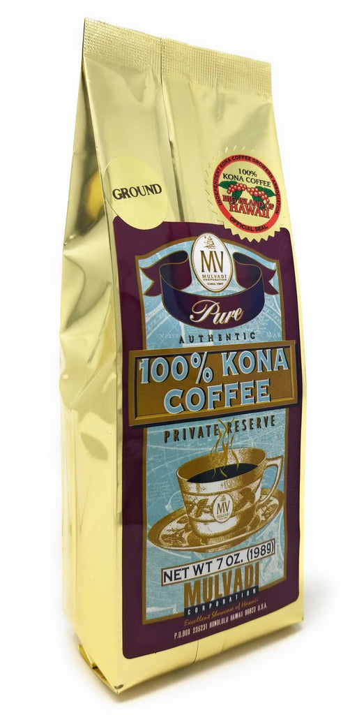 Mulvadi 100% Kona Coffee Private Reserve, Ground, 7 oz Resealable Bag – Premium Hawaiian Coffee