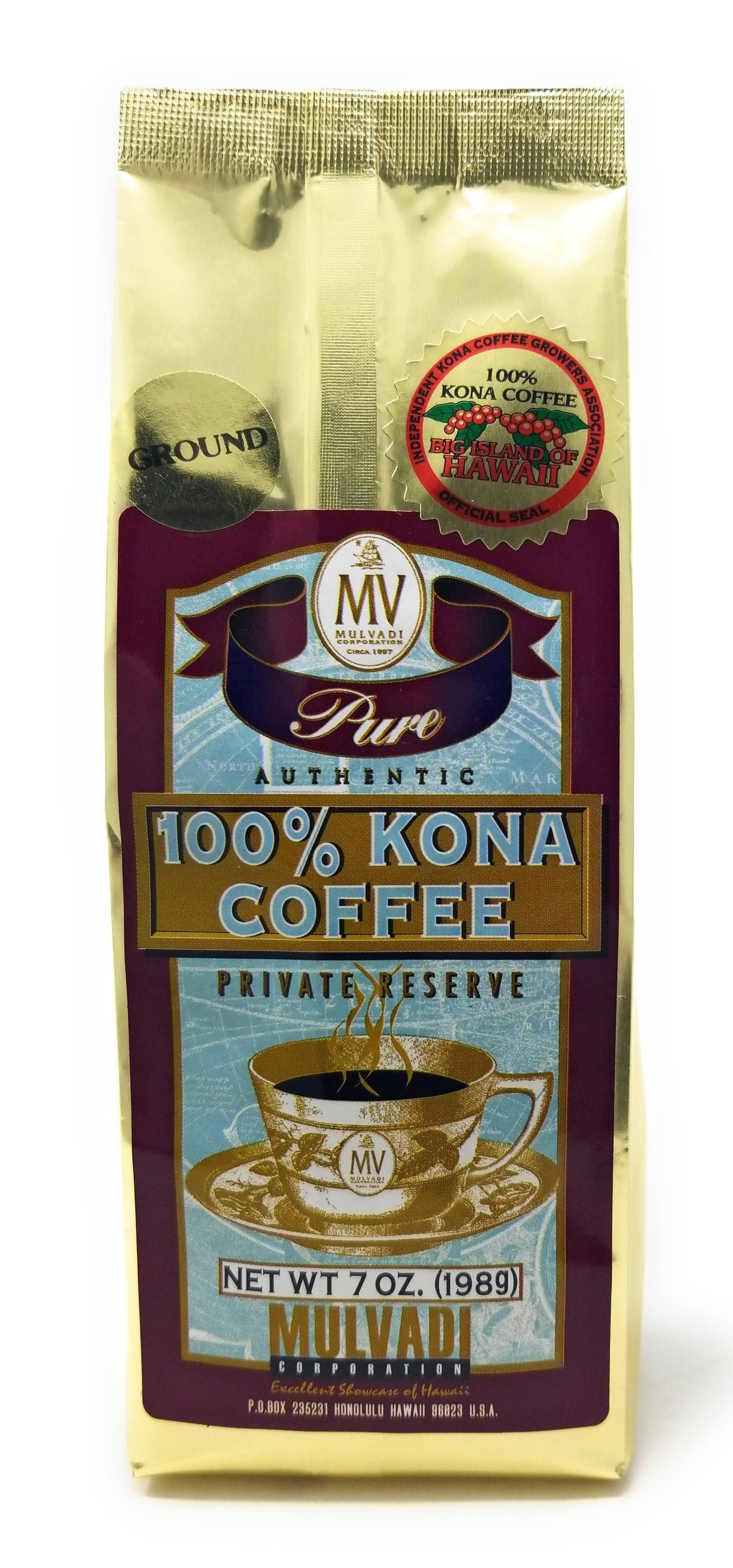 マルヴァディ 100%コナコーヒー プライベートリザーブ 挽き 7オンス 再封可能バッグ – プレミアムハワイアンコーヒー / 送料無料