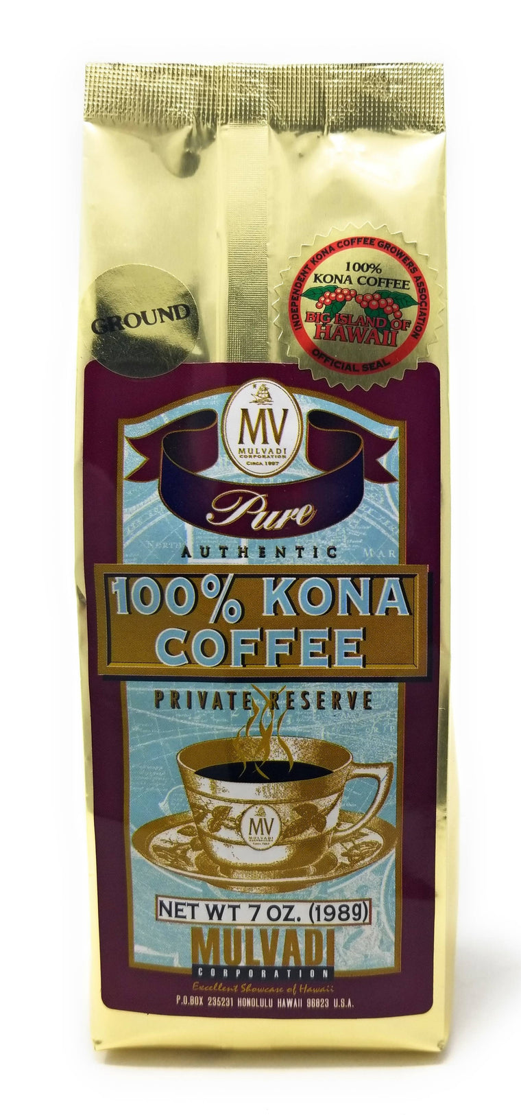 Mulvadi 100% Kona Coffee Private Reserve, Ground, 7 oz Resealable Bag – Premium Hawaiian Coffee