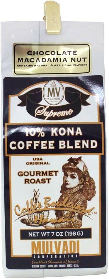 Mulvadi 10% Kona Blend Coffee Vanilla Macadamia Nut Ground 7 oz.