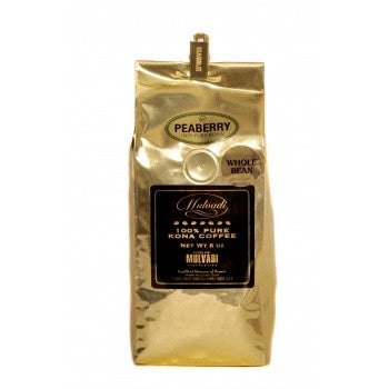 Mulvadi 100% Kona Coffe Whole Bean Peaberry 8 oz Gold Bag